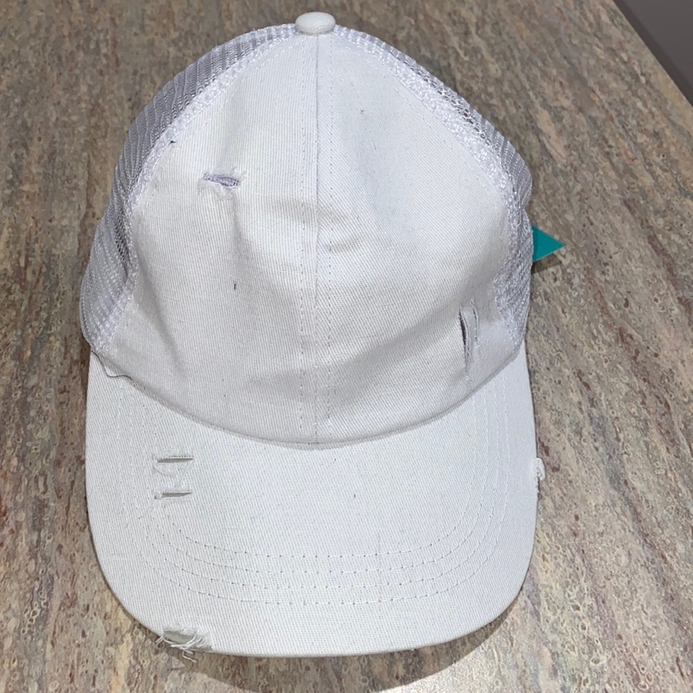 White Distressed Mesh ponytail Back Baseball Cap